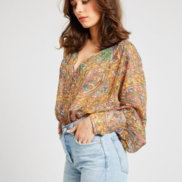 Mille Madeline Top M Paisley Shimmer Metallic Blouse Boho 70s Retro Sheer - Picture 1 of 8